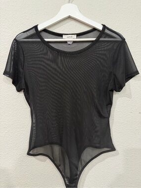 Marci Black Sheer Mesh Short Sleeve Bodysuit Women’s Top